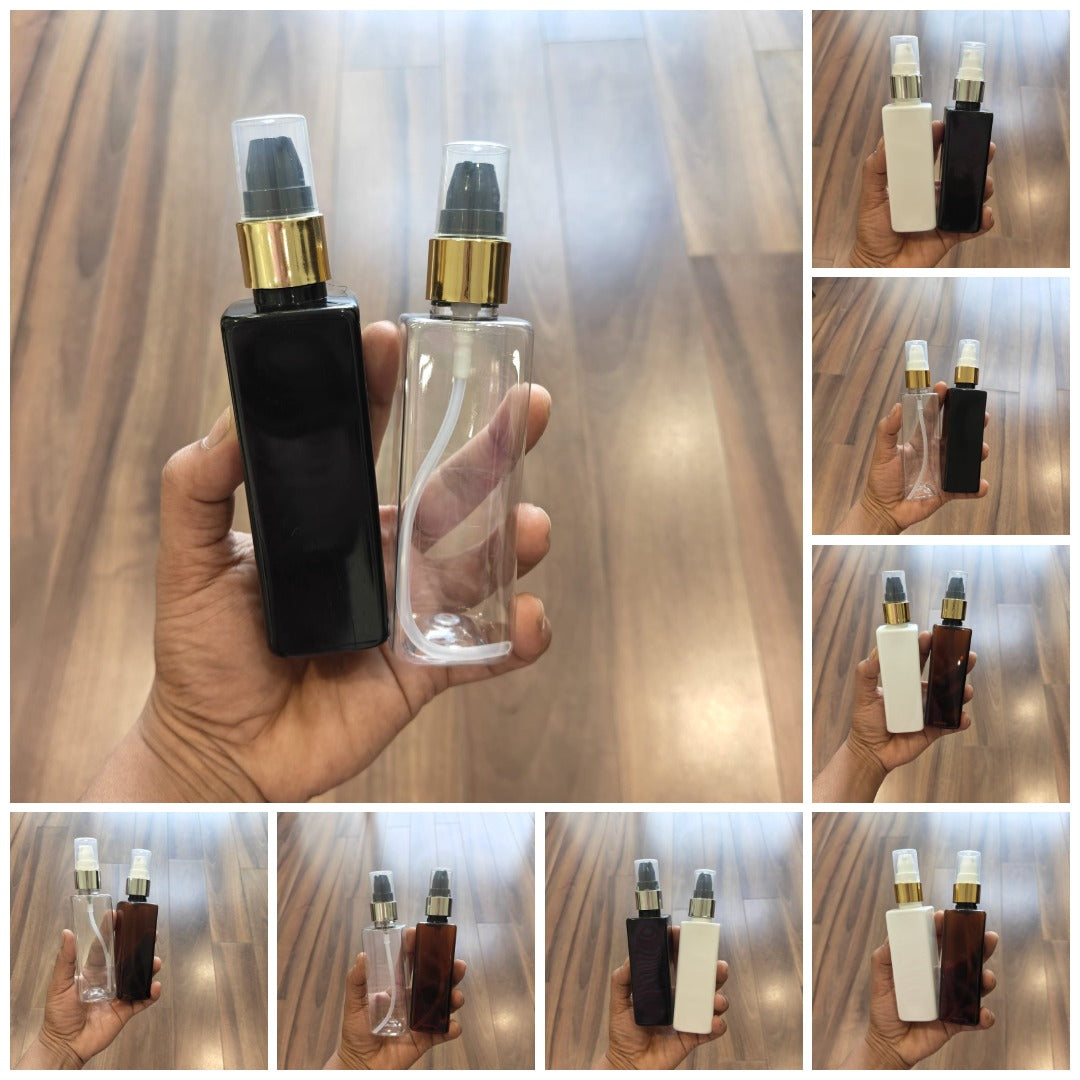 100ml Square PET Bottle with Gold/Silver Neck Serum Pump