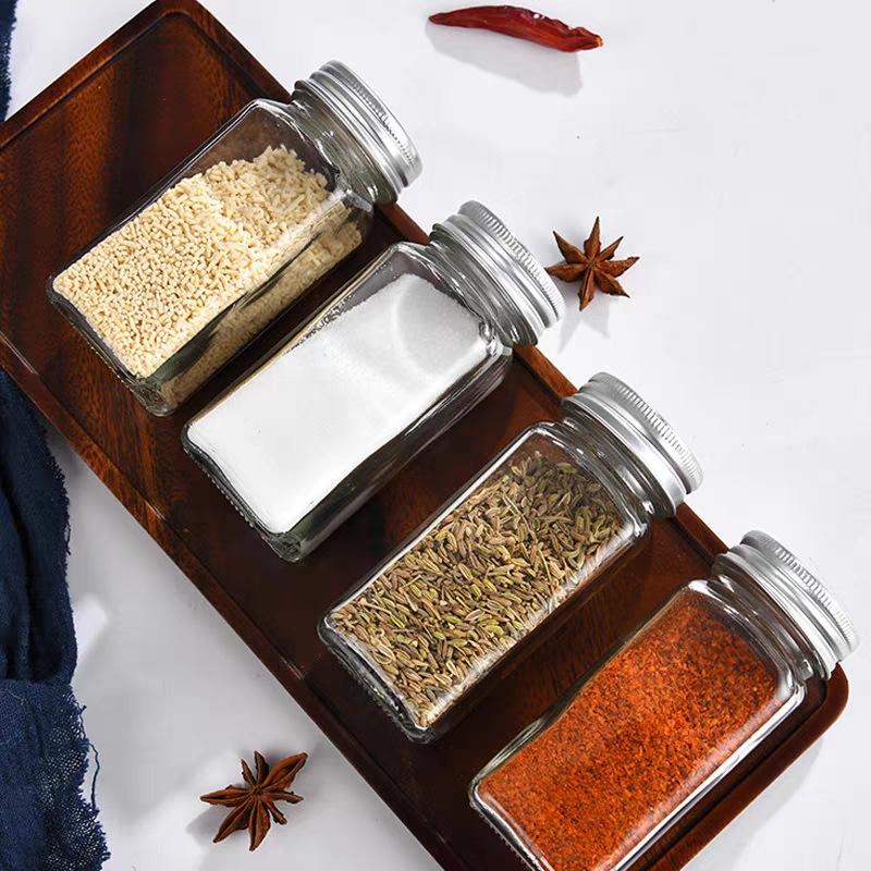 120mL (4oz) Clear Square Glass Spice Jar with Silver Metal Cap | Herbs, Salt, Seasoning & Powder Storage Container