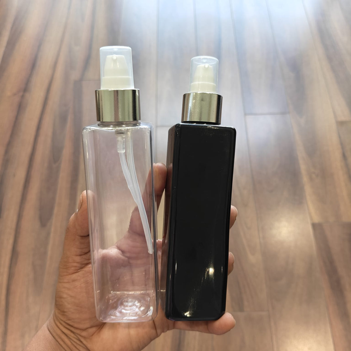 200ml Square PET Bottle with Gold/Silver Neck Serum Pump