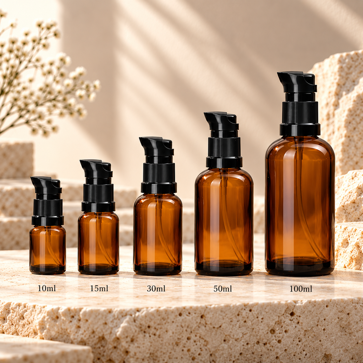 10ml-100ml Amber Glass Serum Pump Bottle | UV-Protected Skincare Packaging | All Sizes