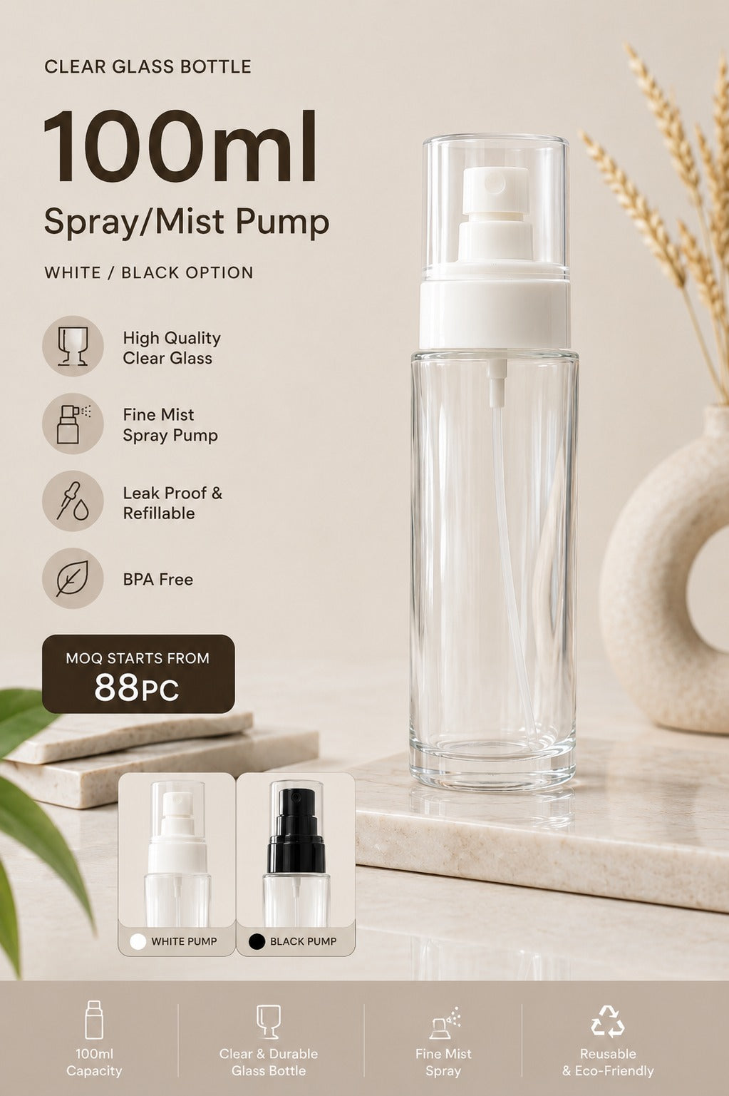 Clear Glass Spray Bottle 100ml
