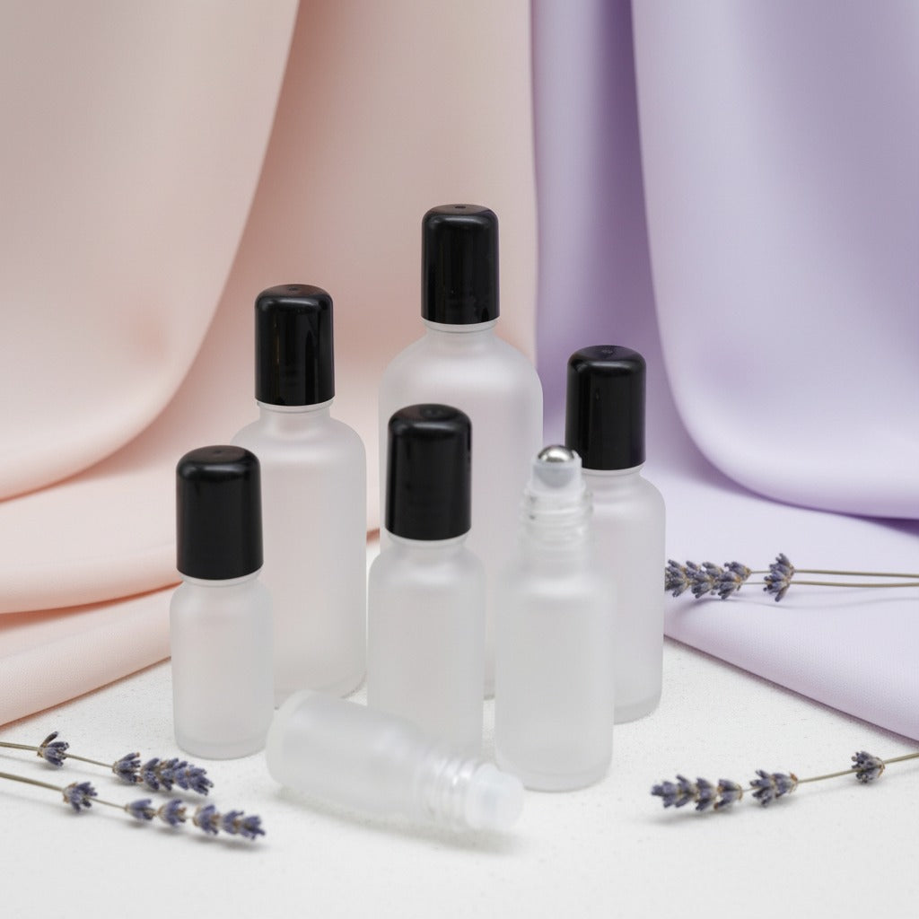 5ml-100ml Clear Frosted Glass Roll-On Bottles with Black Cap | Essential Oil & Perfume Bottles