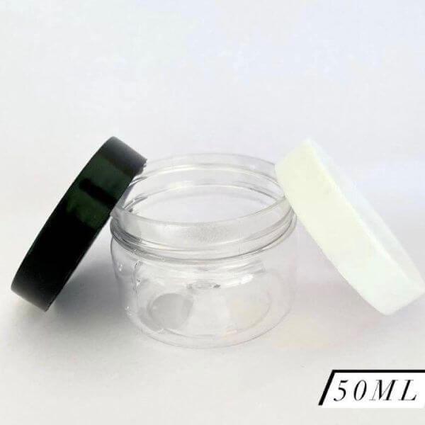 Cosmetic Clear Pet Jar with Black, White Lid (50gm)