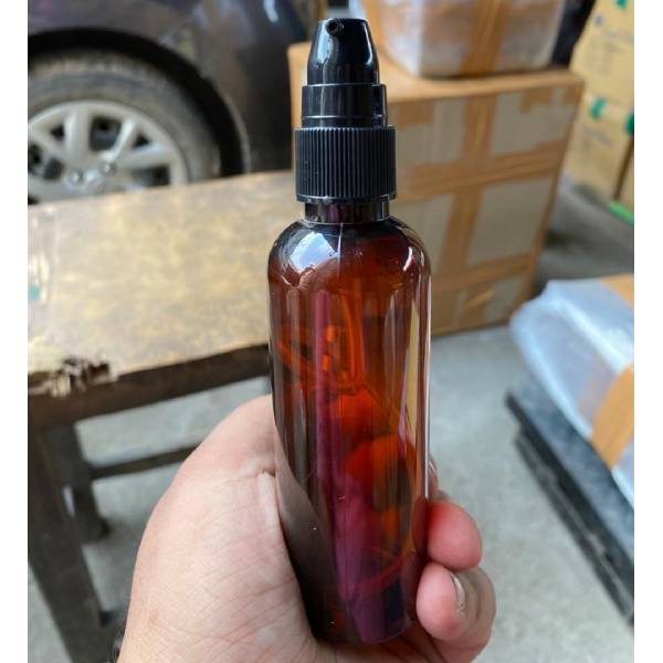 Cosmetic Round Pet Bottle with Serum Pump - Clear, Amber (50ml)