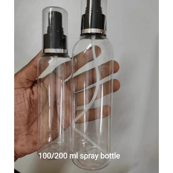 Cosmetic Round Pet Bottle with Silver Lining Spray Pump - Clear (100ml, 200ml)