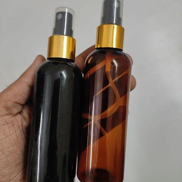 Cosmetic Round Pet Bottle with Spray Pump - Gold Sleeve Neck (50ml, 100ml)