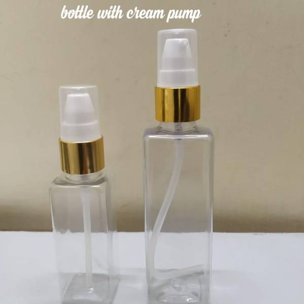 Cosmetic Square Pet Bottle with Gold Serum Pump - Clear (50ml, 100ml)