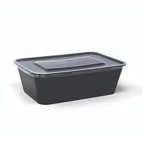 Disposable Plastic Food Container + Lid - 1000ml (Rectangle) Black