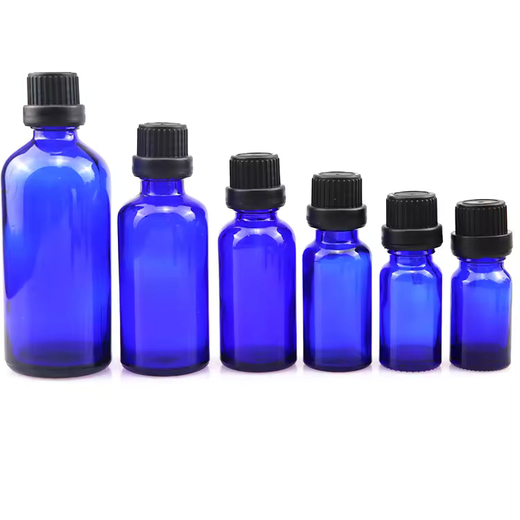 10ml-100ml Blue Glass Bottle with Cap & Inner Plug | UV-Protected Liquid Packaging | Black, White, Silver, Gold All Sizes