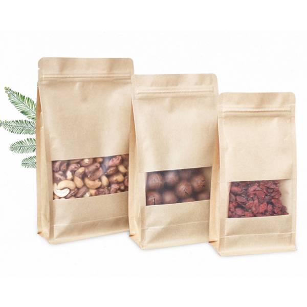 Kraft Brown Paper 3D Flat Bottom Pouch with Zipper, Window (Brown)