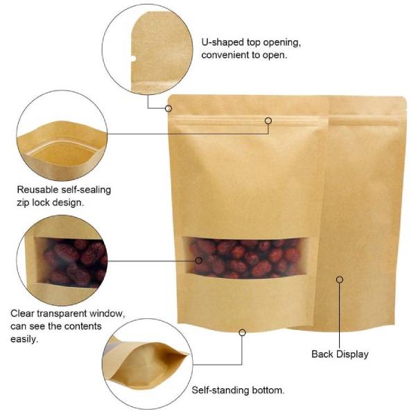 Kraft Brown Paper Stand up Pouch- Zipper and Window