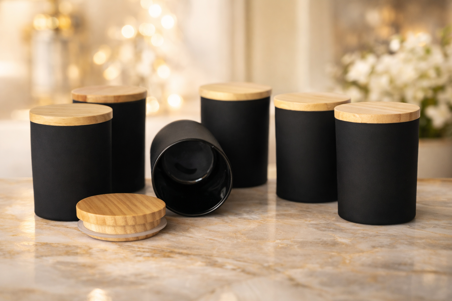 Matte Black Votive Candle Jar with Wooden Lid - 150ml