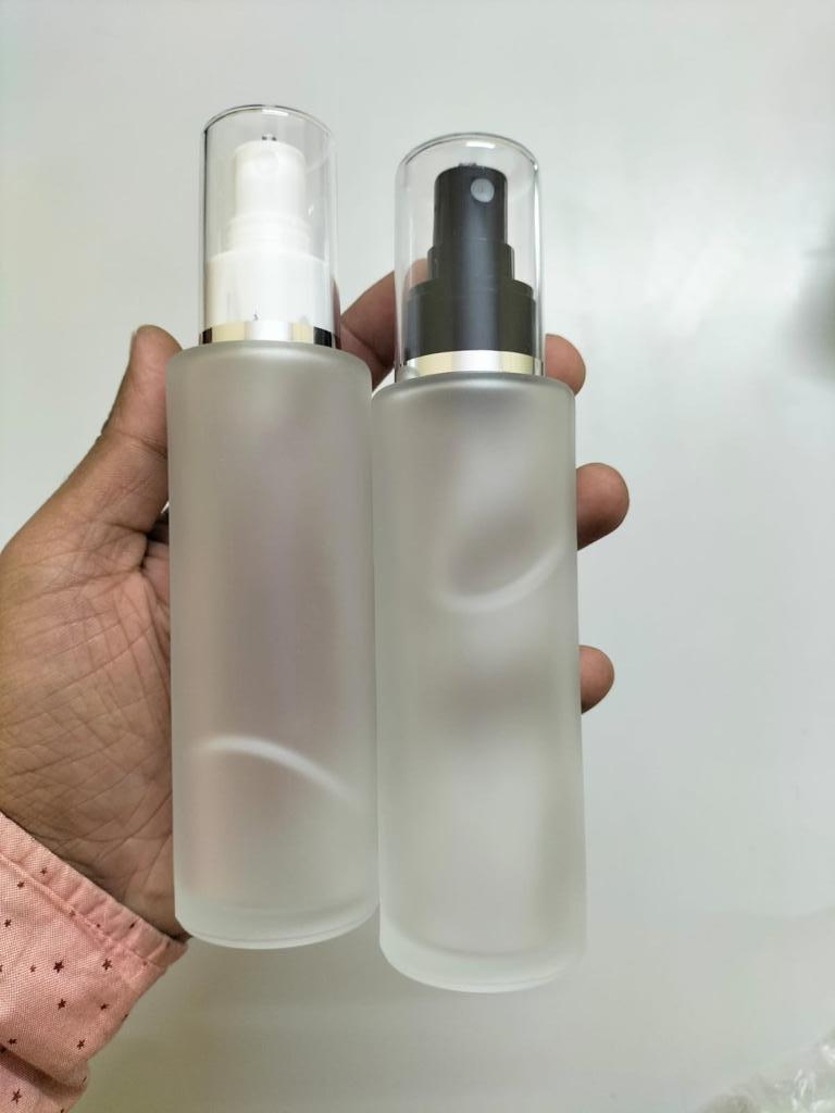 Cosmetic Premium Sleek Slant Shoulder Clear Frosted Glass Bottle + Spray Pump- 100ml