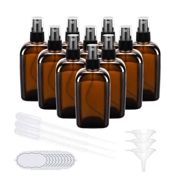 Square Amber Glass Bottle + Spray Pump (Black/ White)- (All Sizes)