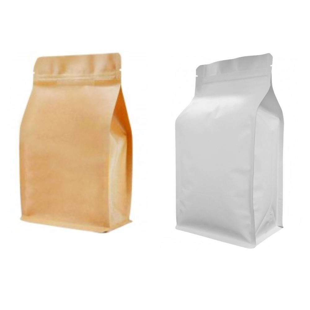 Kraft Paper 3D Flat Bottom Pouch with Zipper {Brown/ White}