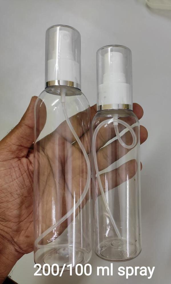 Cosmetic Round Pet Bottle with Silver Lining Spray Pump - Clear (100ml, 200ml)