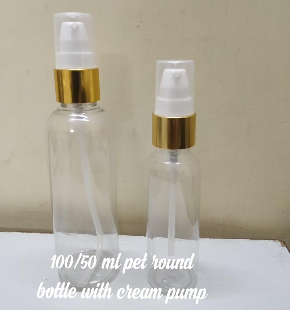 Cosmetic Round Pet Bottle with Gold Serum Pump - Clear (50ml, 100ml)