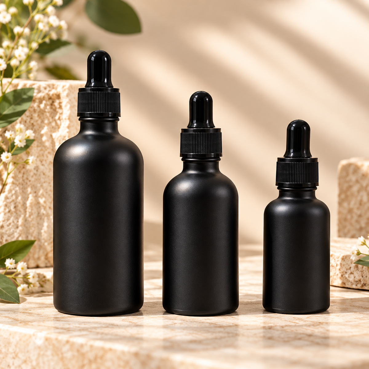 30ml-100ml | Matte Black Glass Dropper Bottle | UV Protection for Serums | Multiple Sizes