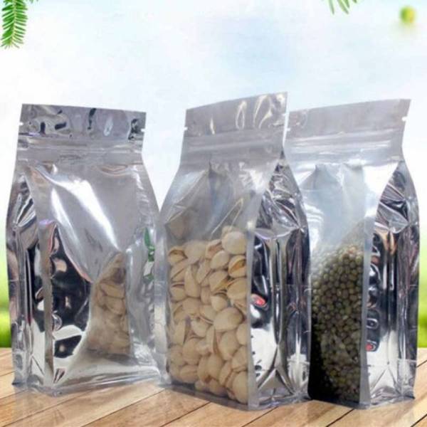 1 Side Transparent - 1 Side Metallic Silver 3D Flat Bottom Pouch with Zipper (Clear/ Silver)