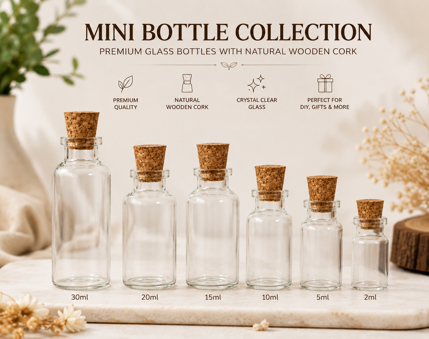Mini Glass Bottle with Wooden Cork (All Sizes)
