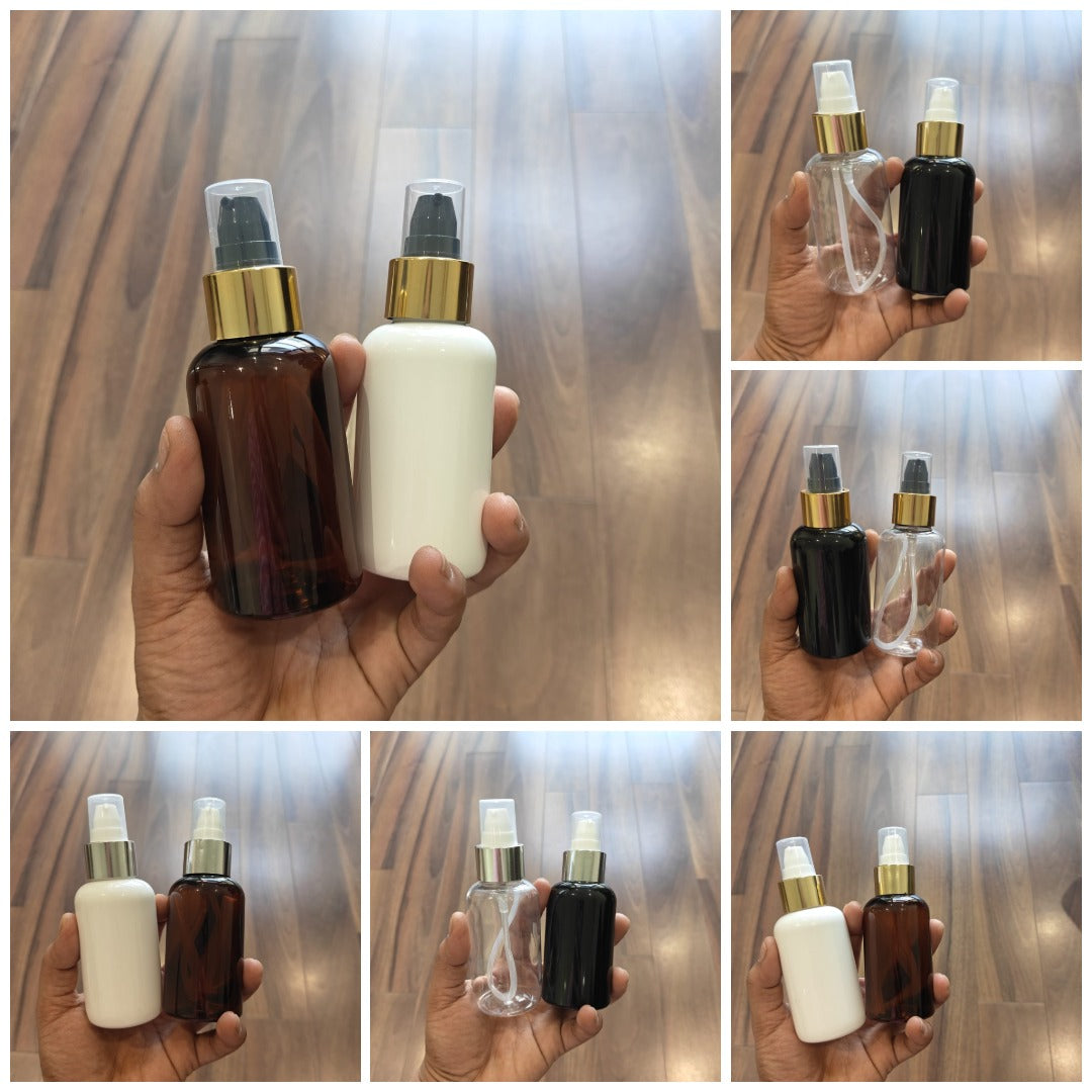 100ml Short Boston PET Bottle with Gold/Silver Neck Serum Pump