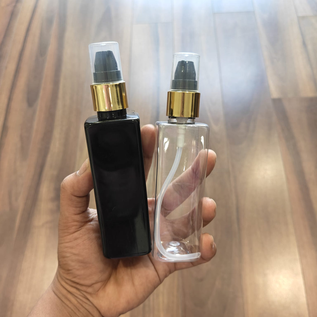 100ml Square PET Bottle with Gold/Silver Neck Serum Pump