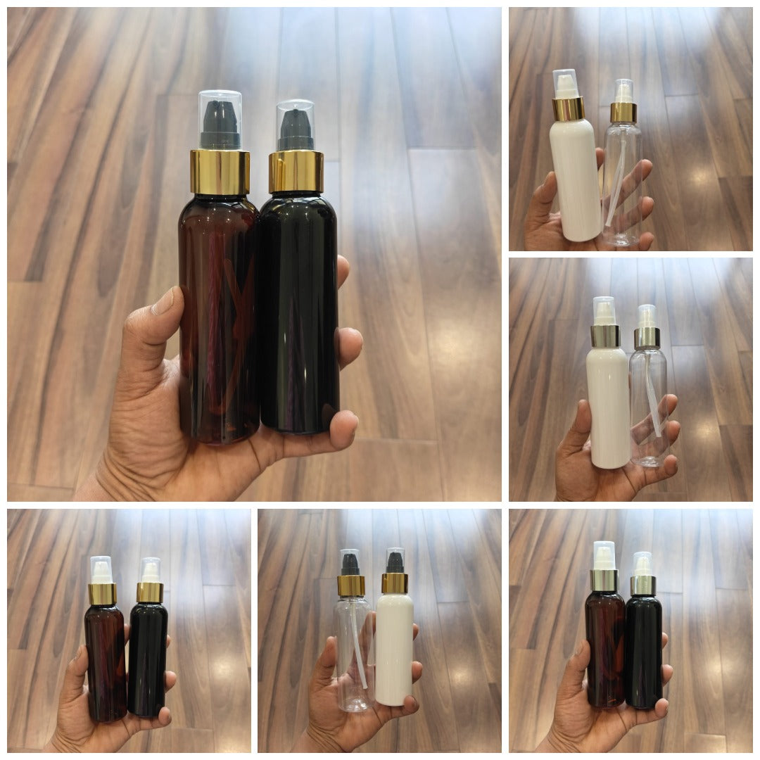 120ml Long Boston PET Bottle with Gold/Silver Neck Serum Pump