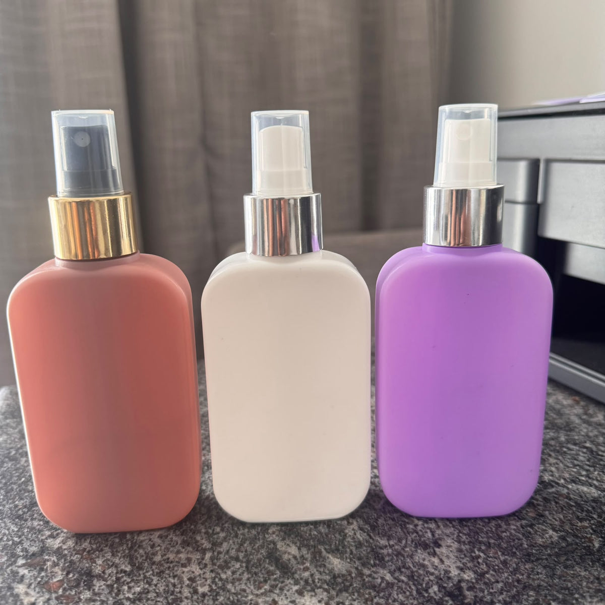 125ml Flat HDPE Bottle with Gold/Silver Neck Spray Pump | Cosmetic Packaging