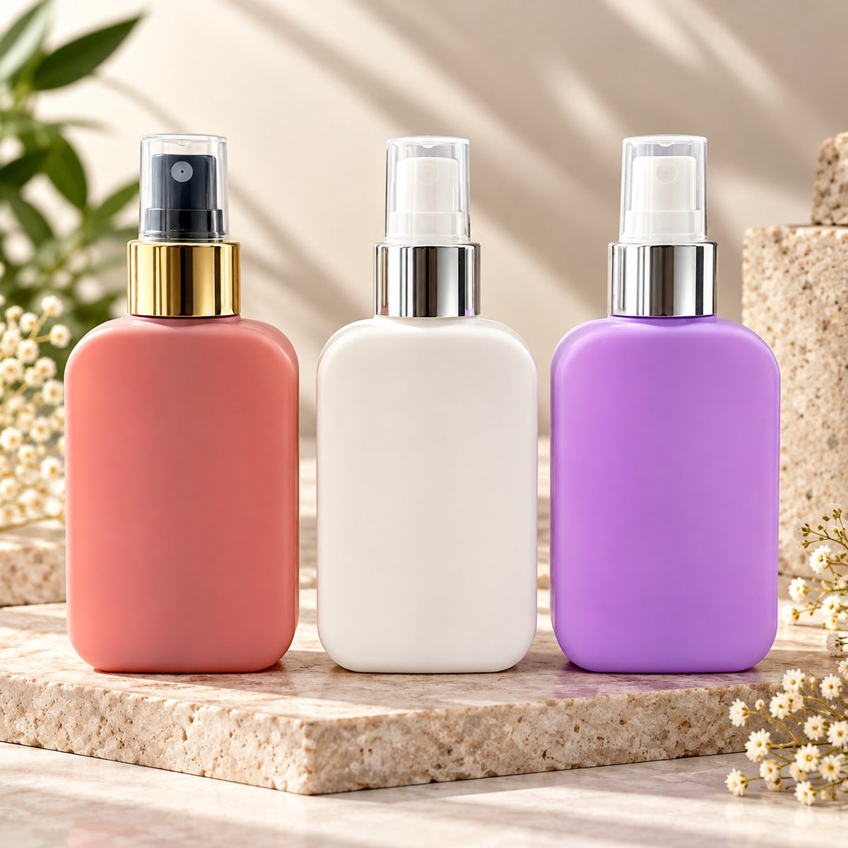 125ml Flat HDPE Bottle with Gold/Silver Neck Spray Pump | Cosmetic Packaging