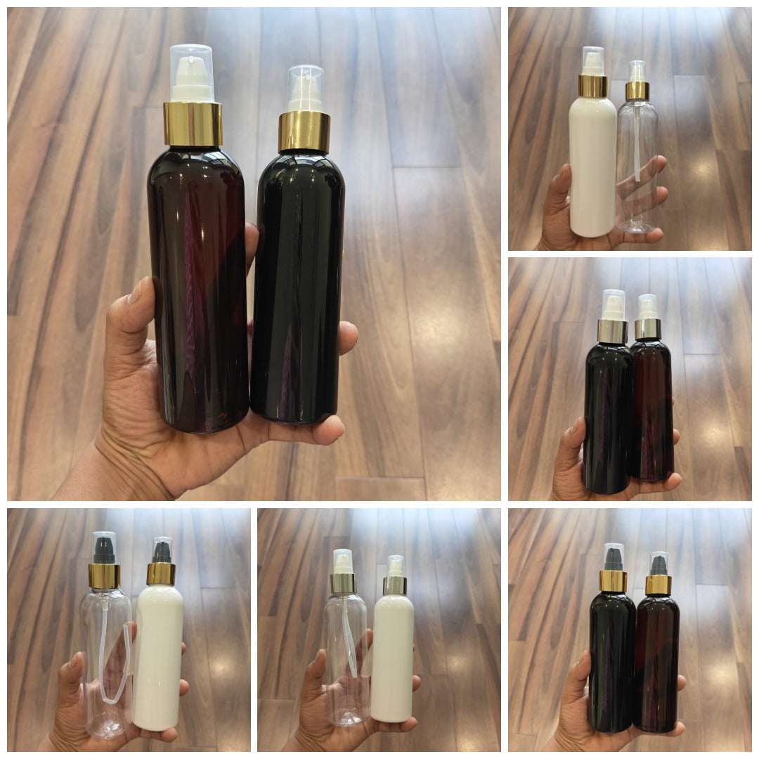 200ml Long Boston PET Bottle with Gold/Silver Neck Serum Pump