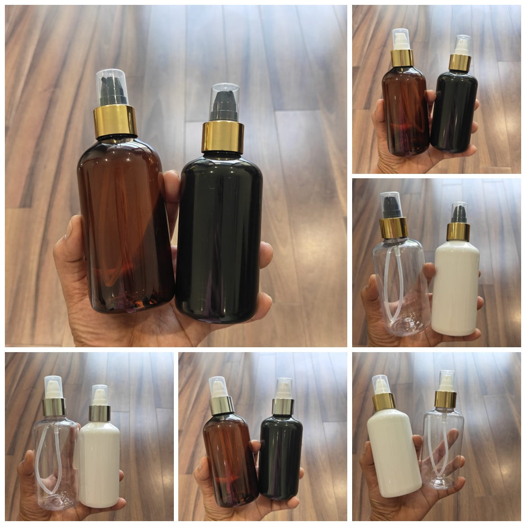 200ml Short Boston PET Bottle with Gold/Silver Neck Serum Pump