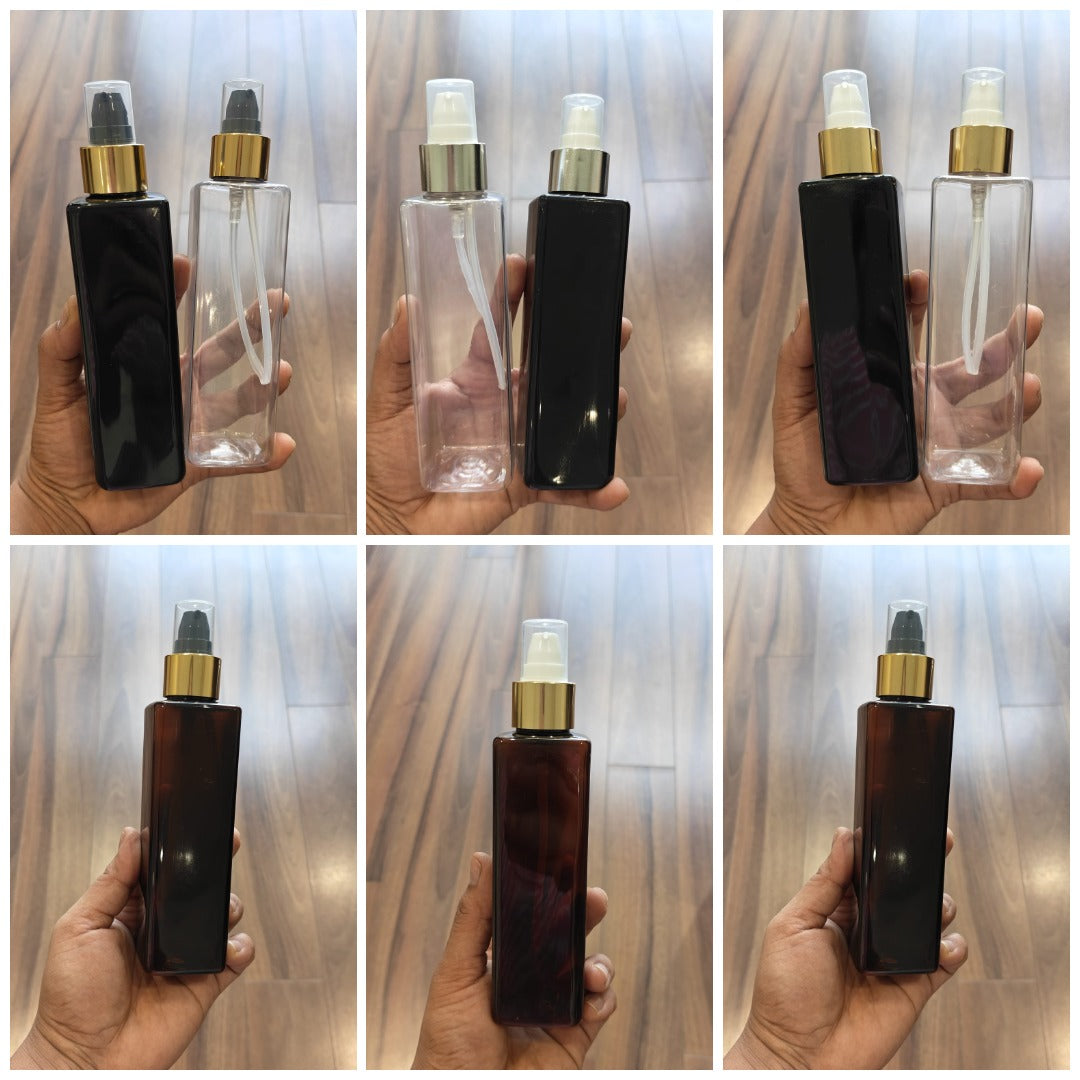 200ml Square PET Bottle with Gold/Silver Neck Serum Pump