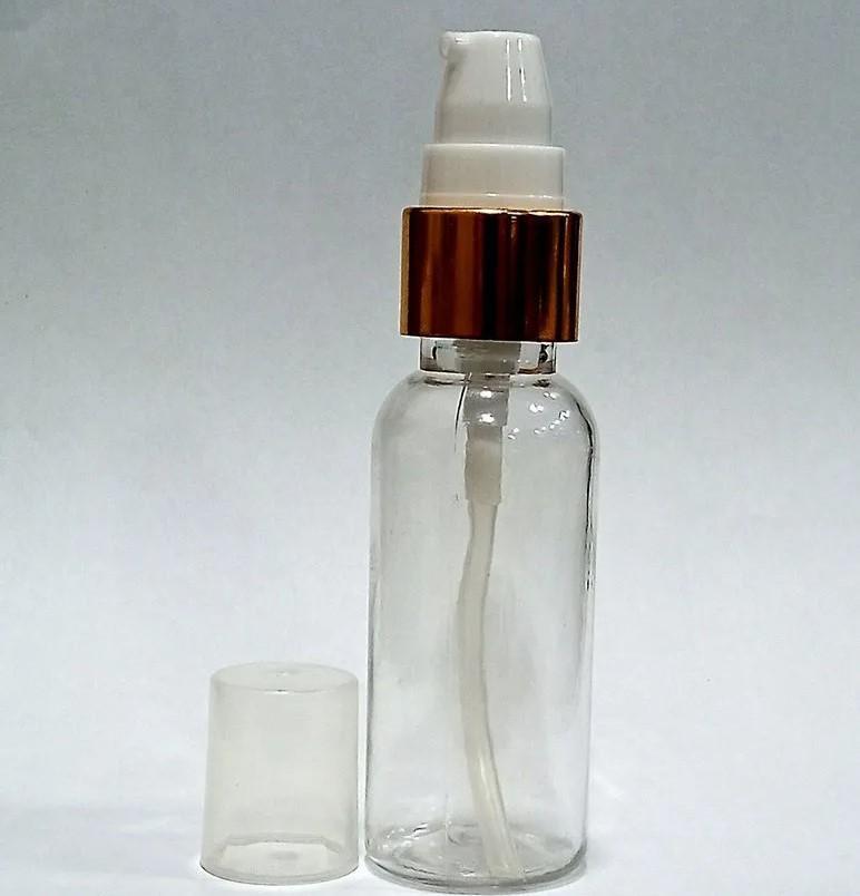Cosmetic Round Pet Bottle with Gold Serum Pump - Clear (50ml, 100ml)