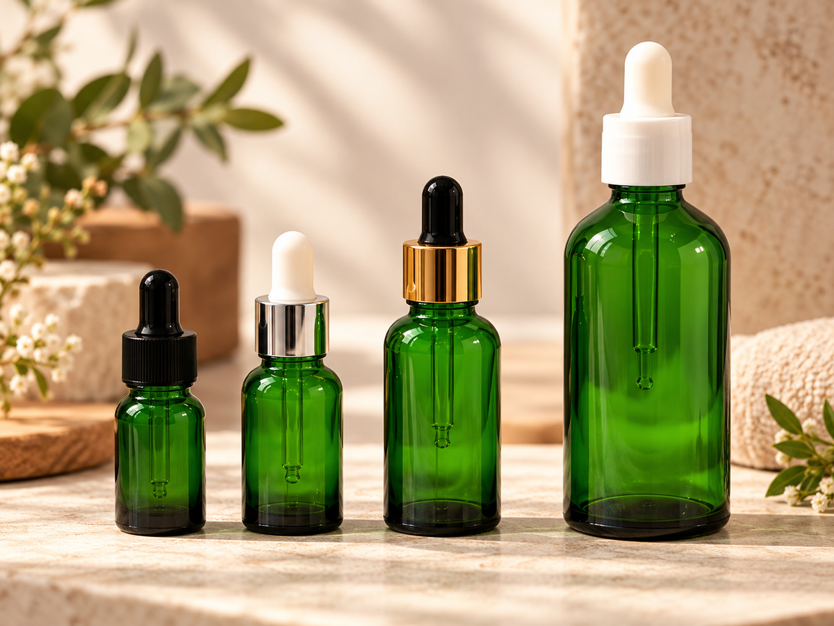 All Sizes Green Glass Dropper Bottle | UV Protection for Essential Oils