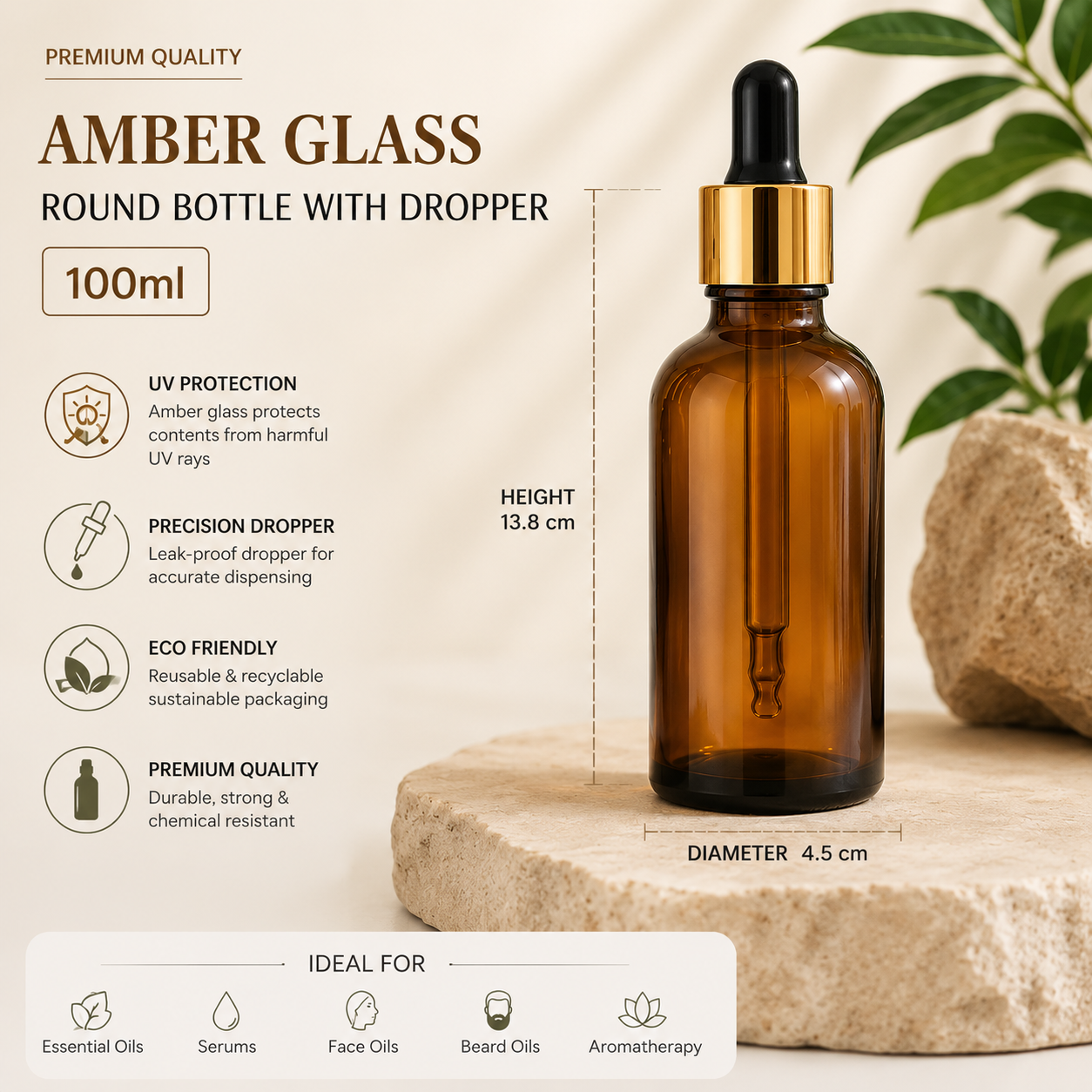 Amber Glass Dropper Bottle | UV Protection for Essential Oils & Serums | 100ml, Black/White/Silver/Gold Dropper