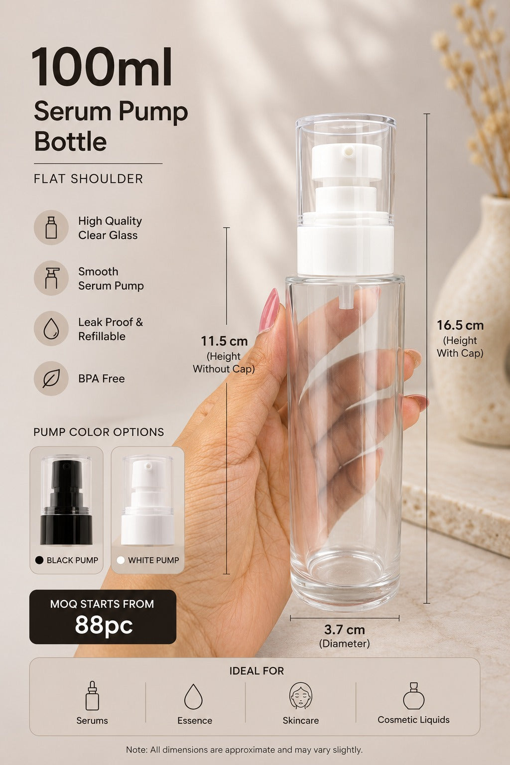 Clear Glass Serum Pump Bottle 100ml