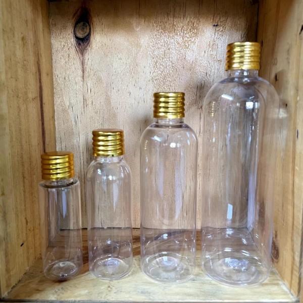 Cosmetic Boston Round Pet Bottle with RO Cap (Non-FTC) - Clear (50ml, 100ml, 200ml)