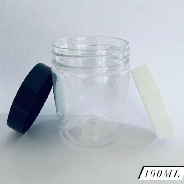 Cosmetic Clear Pet Jar with Black, White Lid (100gm)
