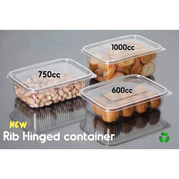 Disposable Hinged Rib Food Container + Lid - 1000ml (Rectangle) Transparent