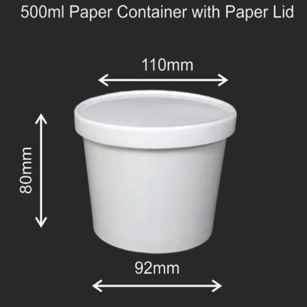 Disposable Paper Food Container + Lid - 500ml (Round) White