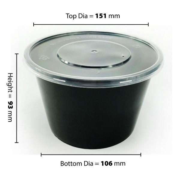 Disposable Plastic Food Container + Lid - 1000ml (Round) White/ Black