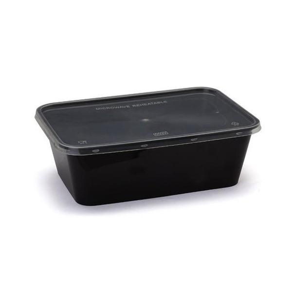 Disposable Plastic Food Container + Lid - 1500ml (Rectangle) Black