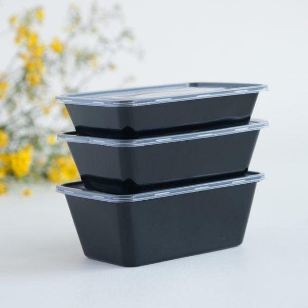 Disposable Plastic Food Container + Lid - 650ml (Rectangle) Black