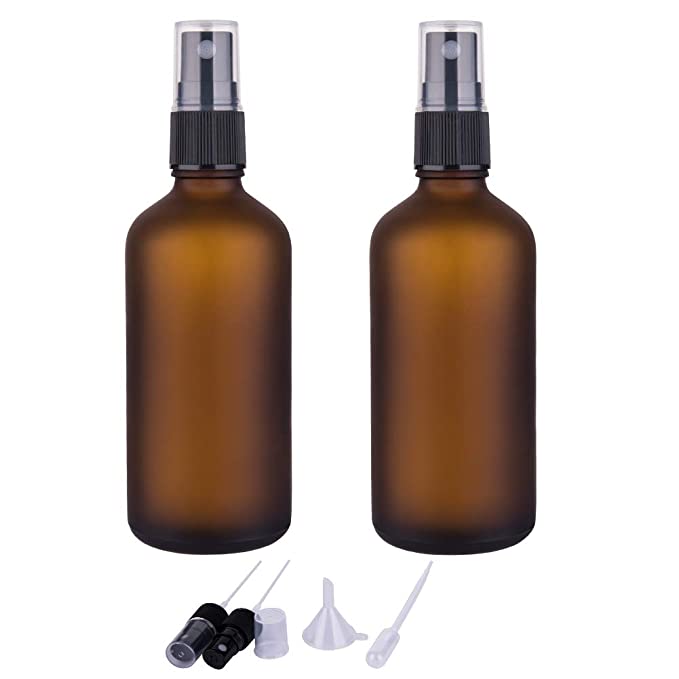 Frosted Amber Glass Bottle + Spray Pump (Black / White)