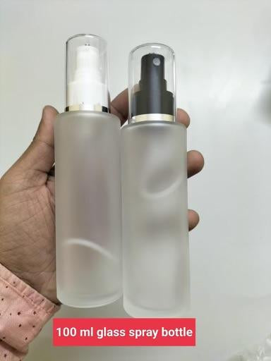 Cosmetic Premium Sleek Slant Shoulder Clear Frosted Glass Bottle + Spray Pump- 100ml