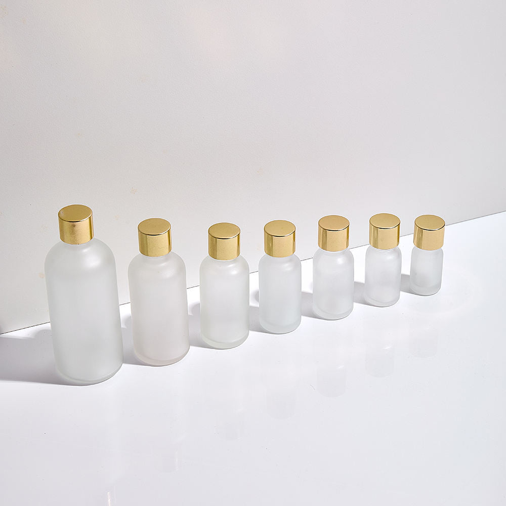 10ml-100ml Frosted Clear Glass Bottle with Cap & Inner Plug | Premium Cosmetic Packaging | Black, White, Silver, Gold All Sizes