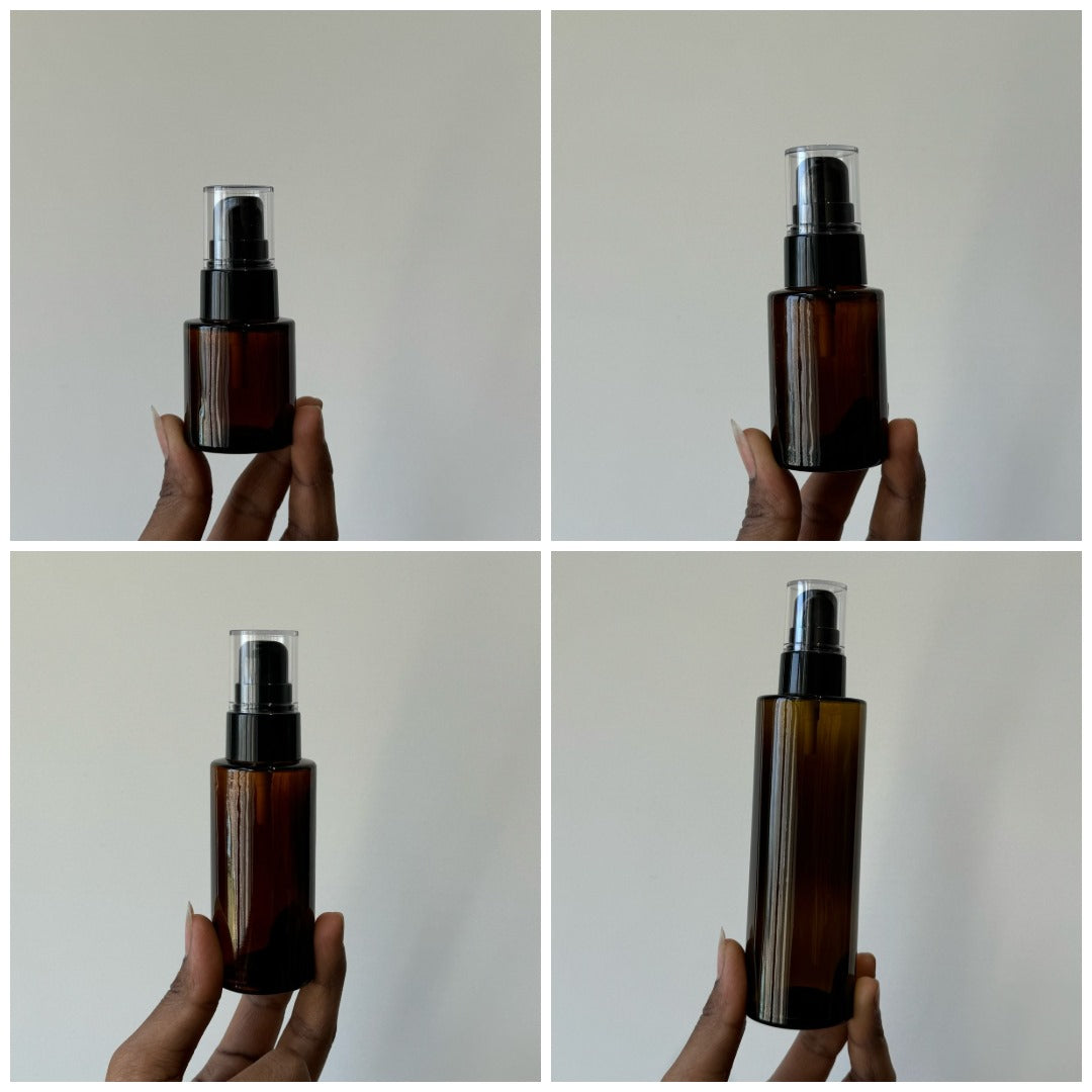 Cosmetic Sleek Amber Glass Serum Pump Bottle - 20ml, 30ml, 50ml, 100ml