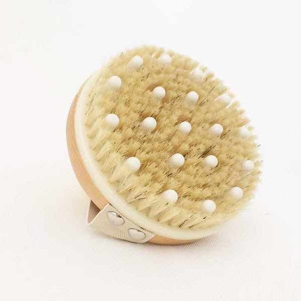 Wooden Round Bath Brush with Natural Bristles & Massage Nodes
