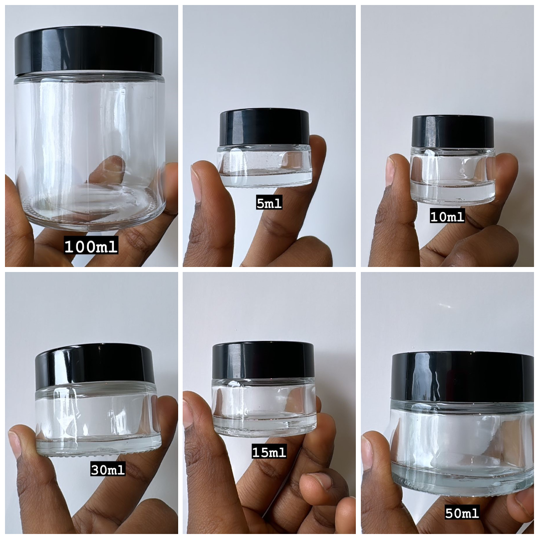 Clear Glass Jar with Black Cap ( ALL SIZES)