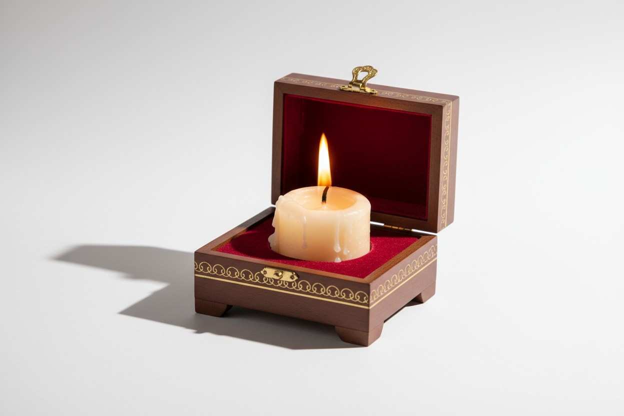 white background with candle and candle should be in box and it should be burning candel